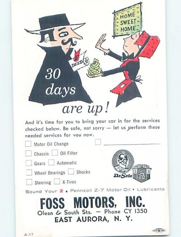 Pre-1980 Postcard Ad FOSS MOTORS 30 DAY NOTICE East Aurora New York NY HM4529