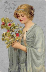 Merry Christmas Woman with Holly Berries Greetings 1905c postcard