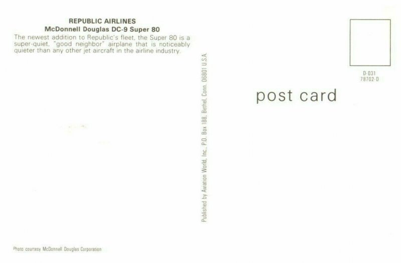 Republic Airlines McDonnell Douglas DC 9 Super 80 Airplane Postcard