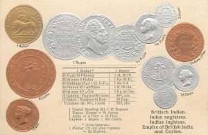 Embossed coinage national coins vintage postcard currency British India & Ceylon 