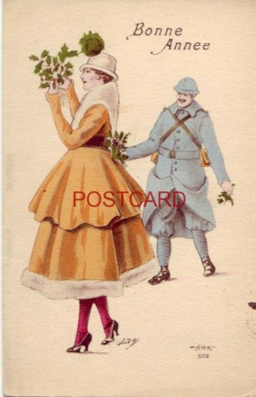 BONNE ANNEE (French - Happy New Year) man in uniform gives flowers to woman