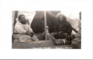 Real Photo Postcard Eskimo People Braiding Sinew in Barrow, Alaska