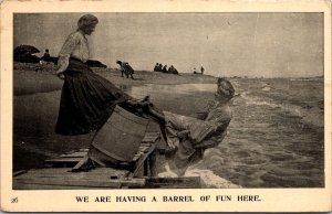 Humor, Two Women at Seashore, Having a Barrel of Fun c1911 Vintage Postcard O48