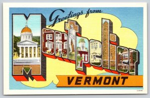 Montpelier Vermont Greetings~Capitol Bldg~Large Letter Linen Vintage Postcard