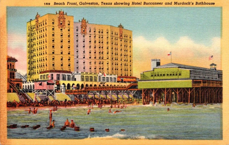 Texas Galveston Beach Front Showing Hotel Buccaneer and Murdoch's Bathho...