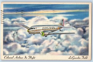 Colonial Airliner In Flight La Guardia Field Airplane Burlington VT Postcard