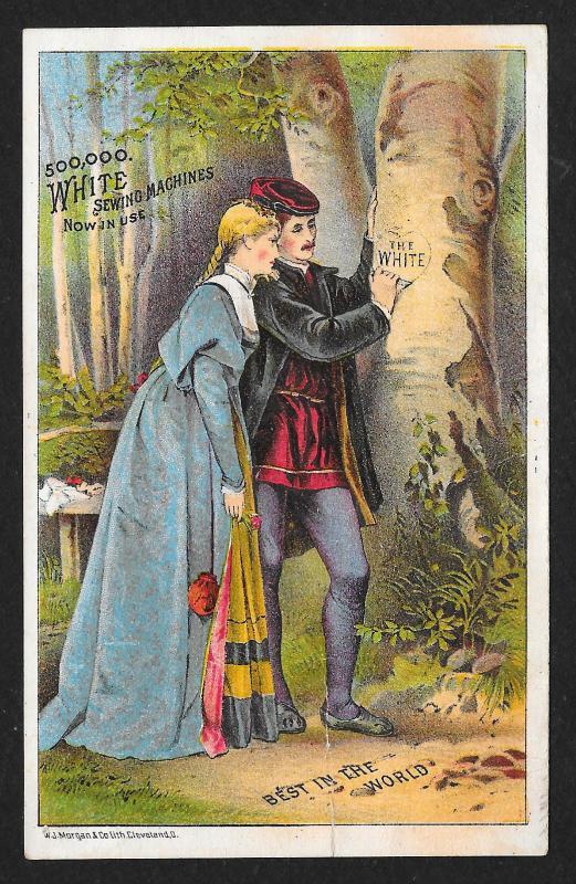 VICTORIAN TRADE CARD White Sewing Co Man & Woman Carving 'The White' into Tree