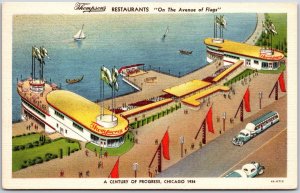 Chicago Illinois ILL, Thompson's Restaurant, The Avenue Flags, Vintage Postcard