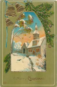 Merry Christmas Greetings - Bells and Winter Church Scene - DB