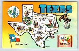 Postcard Greetings From Texas Map Chrome Lone Star Stare Six Flags Unposted