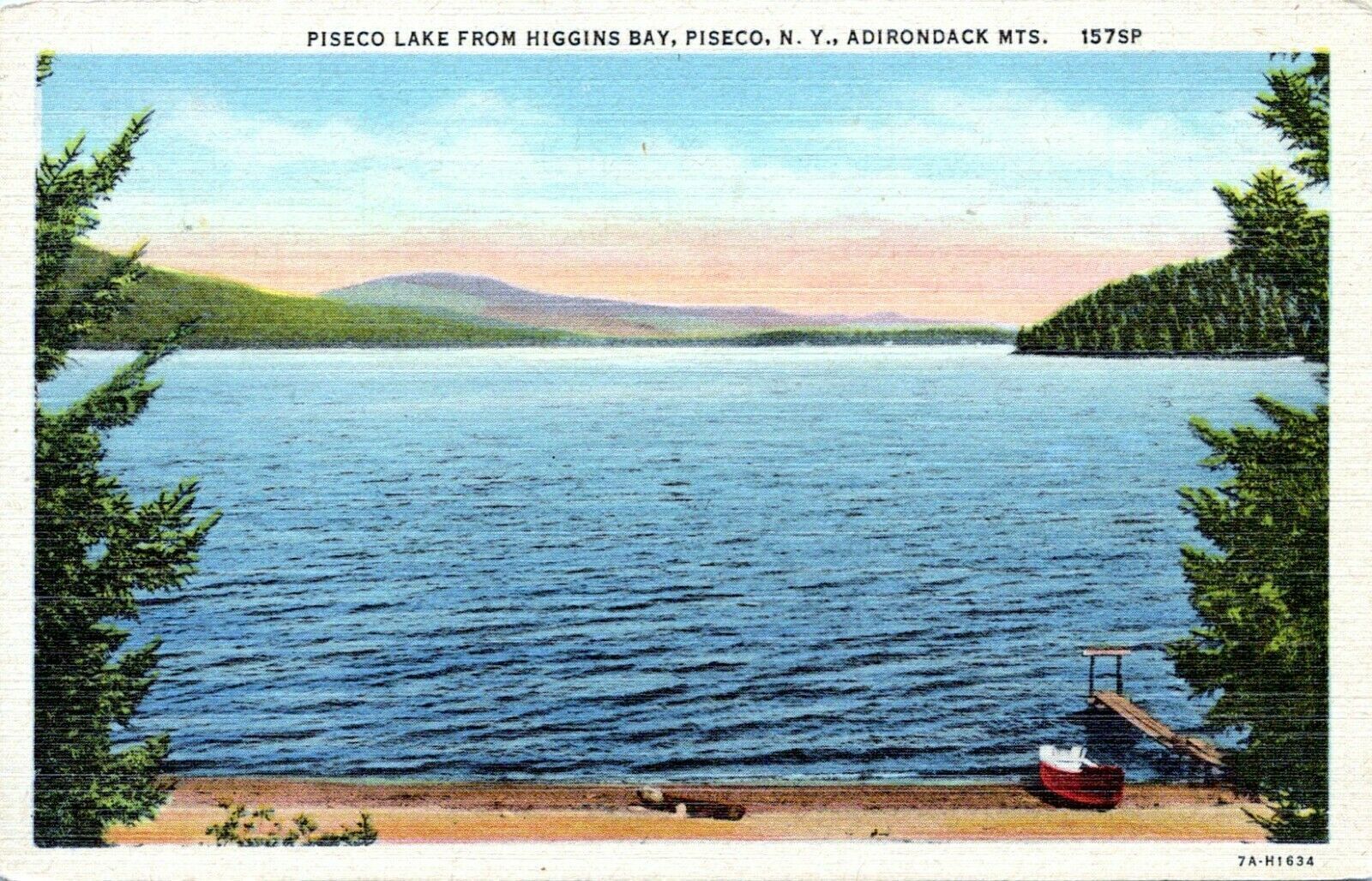 Piseco New York Postcard 1930s Piseco Lake from Higgins Bay NF United