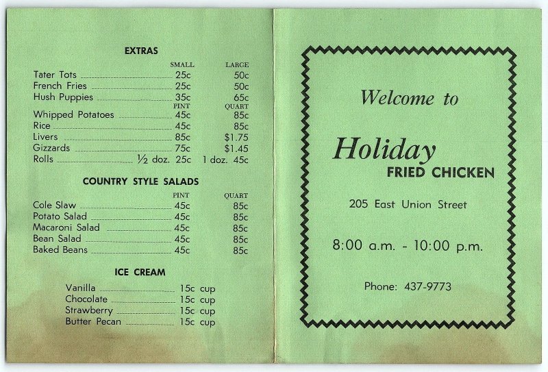 1960s MORGANTON NC HOLIDAY FRIED CHICKEN EAST UNION ST DAILY MENU Z3810