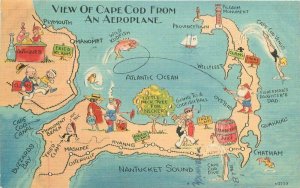 Massachusetts Map Attractions Cape Cod Postcard Tichnor 22-1846