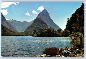 New Zealand Postcard Mitre Peak Milford Sound Mountain Beach 1968 Vintage