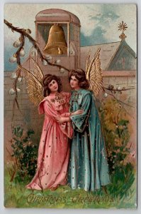 Chritmas Greetings Two Beautiful Angels Gold Gilt Postcard S26