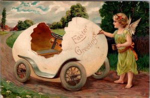 Postcard Cupid Angel Painting Easter Greetings on Eggshell Automobile