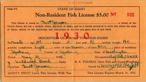 1927 State of Idaho Non-Resident Tourist Fish License Fishing No 2533