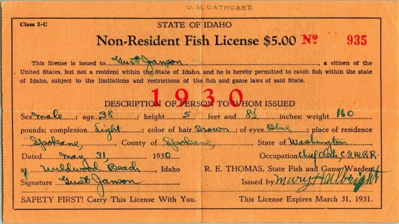 1927 State of Idaho Non-Resident Tourist Fish License Fishing No 2533