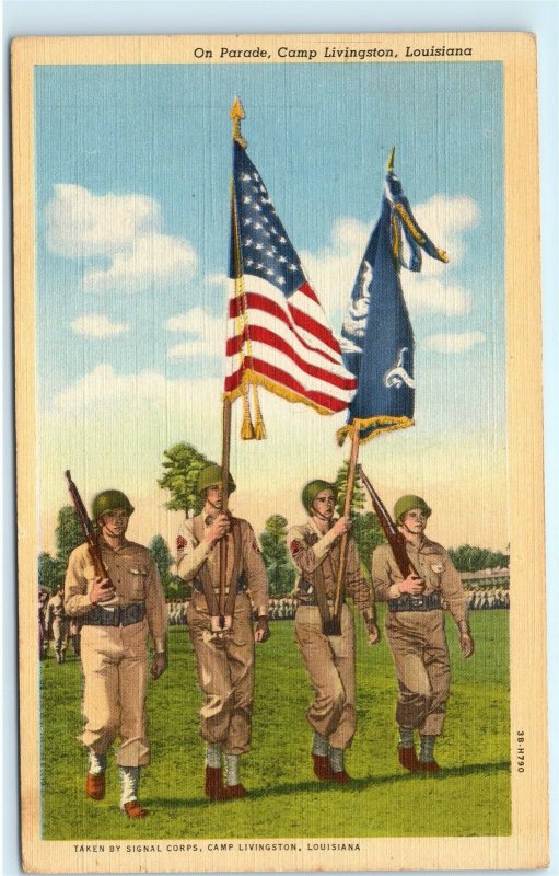 Camp Livingston Louisiana Parade 1940s Soldiers Mail Vintage Postcard E55