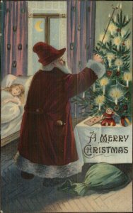 Christmas - Santa Claus Lighting Tree Unusal Hat c1910 Postcard