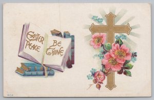 Easter~Gold Cross~Pink Primroses~Blue Forget-Me-Nots~Books~Emboss~Winsch~Vtg PC 