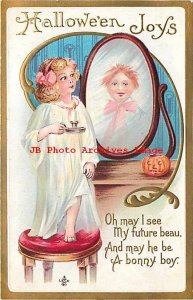 Halloween, Stecher No 226 A, Girl Holding Candle Sees Bonny Boy in Mirror