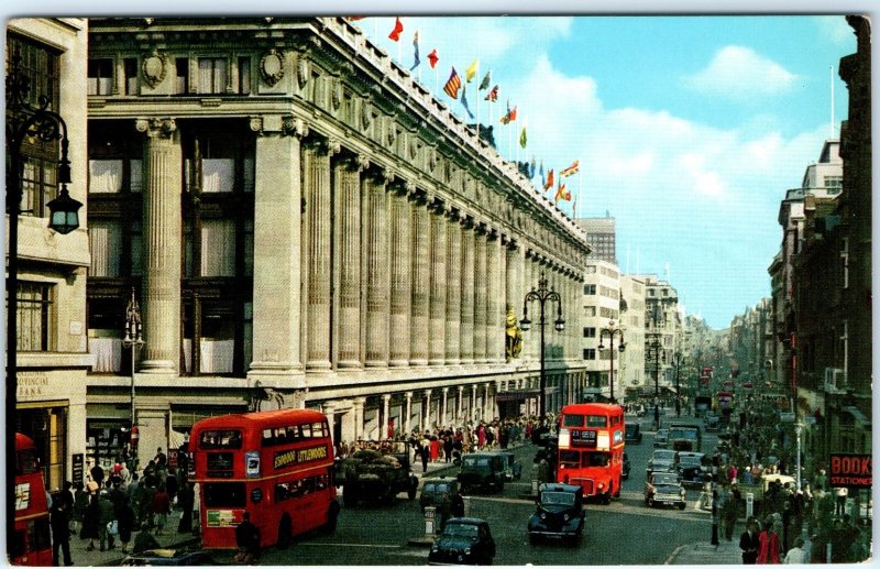 c1950s Oxford Street, London, England Selfridges Red Double Decker Buses A369