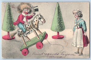 Christmas Postcard Boy Playing Pull Horse Toy c1910's Posted Antique