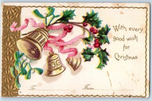 Christmas Postcard Ringing Bell Holly Berries Clapsaddle Embossed c1905 Antique