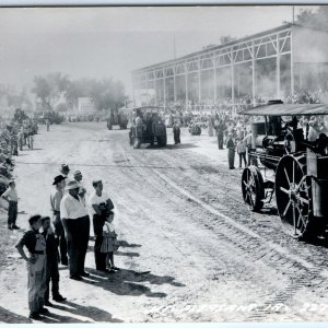 c1950s Mt Pleasant IA RPPC Steam Tractor Show Postcard Harley Davidson Suit A167