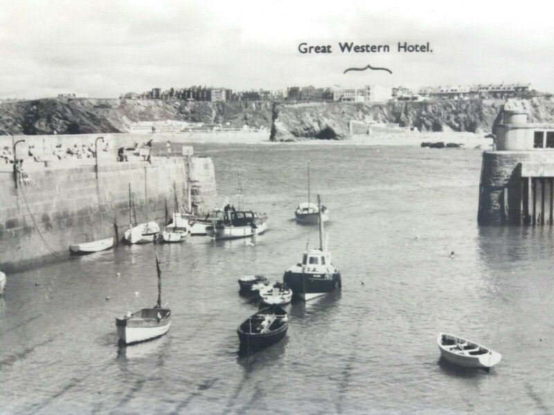 The Harbour Newquay Showing Great Western Hotel Vintage Rp Postcard Chas Woolf