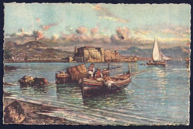 Castle dell'Ovo Naples by Carelli unused c1940's