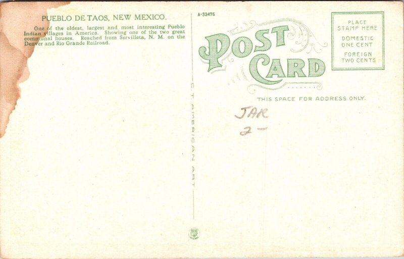 Pueblo De Taos New Mexico Historic Pueblo Indian Village WB Postcard 