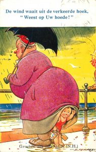 Humor comic caricature pink dress umbrella Netherlands swim beach showel