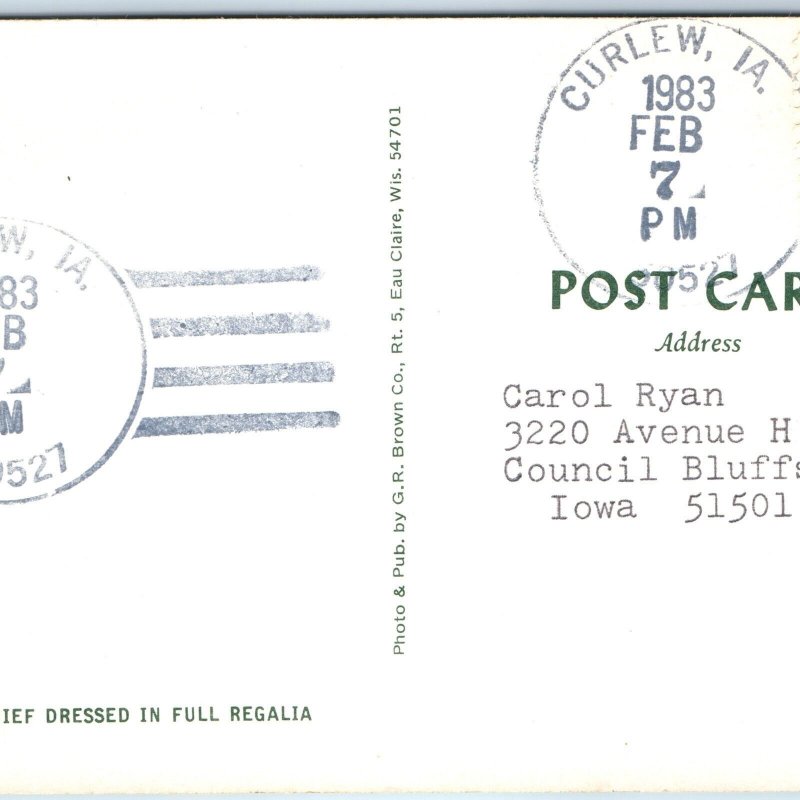 1983 Curlew, IA Town Post Office Cancel Stamp USPO Postcard Postal History A177