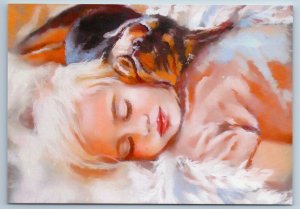 SWEET LITTLE BABY sleeps with DOG Friends So Cute New Unposted Postcard