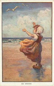 Artist impression C-1910 Sea Breezes SeaGull Beach Girl Postcard 20-4629