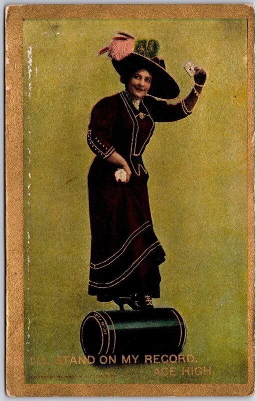 1910's I'll Stand On My Record Ace High Woman In Long Dress Posted Postcard