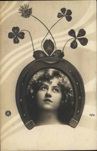 Art Nouveau Photography Beautiful Woman Face in Horseshoe Clovers RPPC