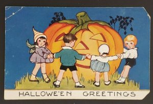 Vintage Children Dancing Around Pumpkin Illustrated Halloween Picture Postcard