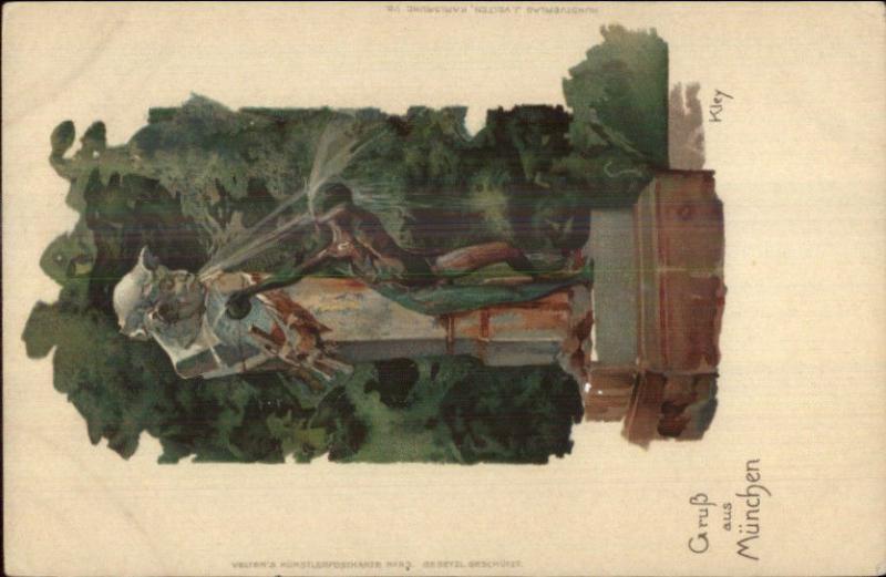 Gruss Aus Munchen Germany Water Fountain - Paul Kley c1910 Postcard EXC COND