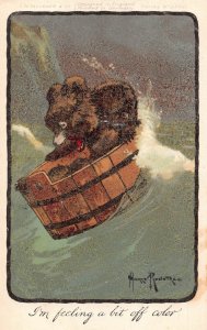 Art by Harry Rountree Animals Humanized Scared Bear in Barrel postcard  B923