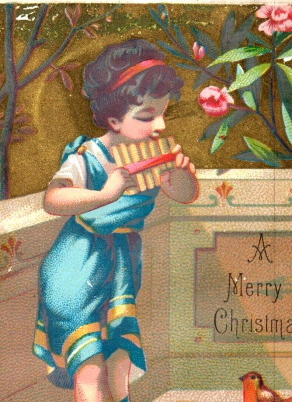 1870s-80s Victorian Christmas Card Adorable Grecian Girl Fab! P233