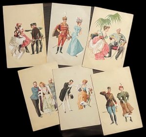 Geiger R. drawn women with military lover in uniform 1900 chromo litho postcards 