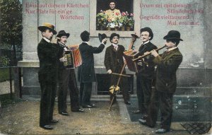 Window serenade musical band music themed 1905 greetings postcard, Switzerland