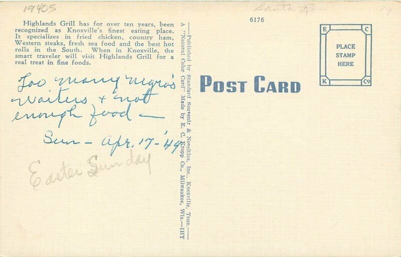 Highlands Grill Knoxville Tennessee roadside Kropp Standard Postcard linen 4172