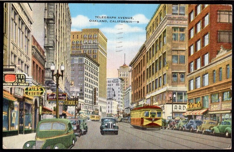 California OAKLAND Street View Telegraph Ave older cars store fronts pm1946LINEN