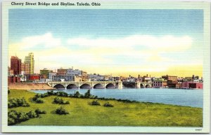 VINTAGE POSTCARD THE CHERRY STREET BRIDGE AND SKYLINE AT TOLEDO OHIO 1940s