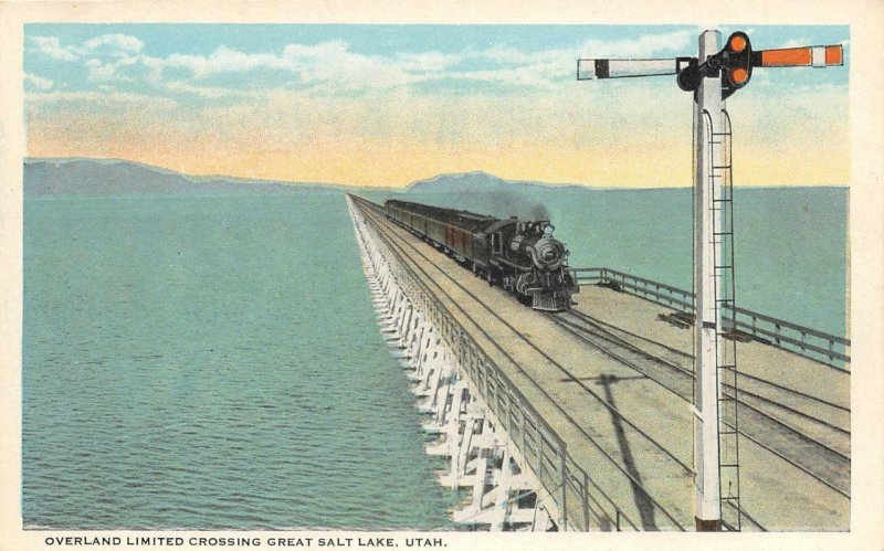 Overland Limited Train Crossing Great Salt Lake, Utah ca 1920s Vintage Postcard