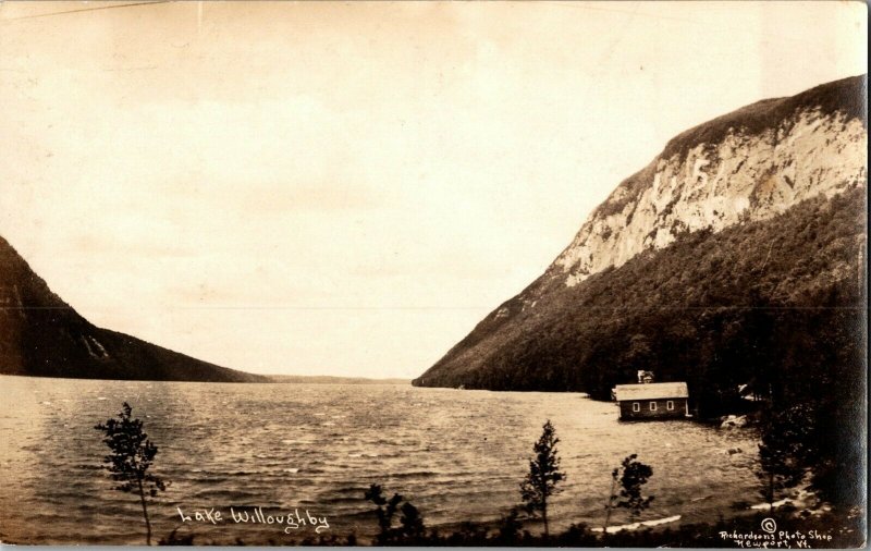 RPPC View of Lake Willoughby Showing Natural US in Rock VT Vintage Postcard S28